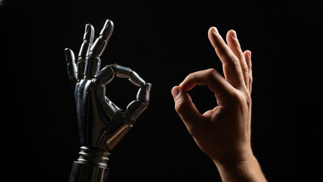 A single robotic hand mirroring a human hand mid-gesture against a dark uncluttered background, dramatic high-contrast lighting, no text or logos