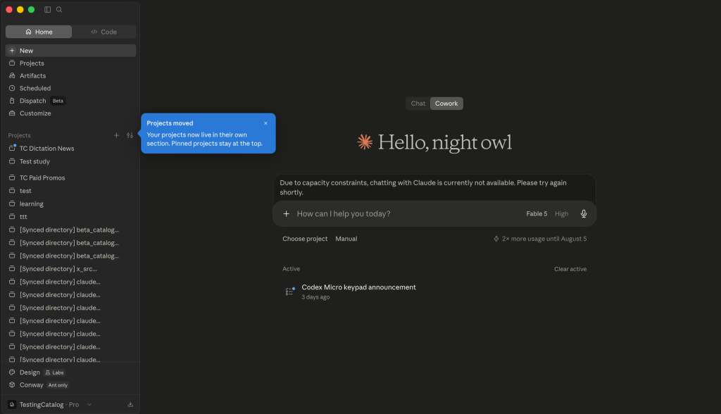 Claude desktop app test build showing the new Projects sidebar layout