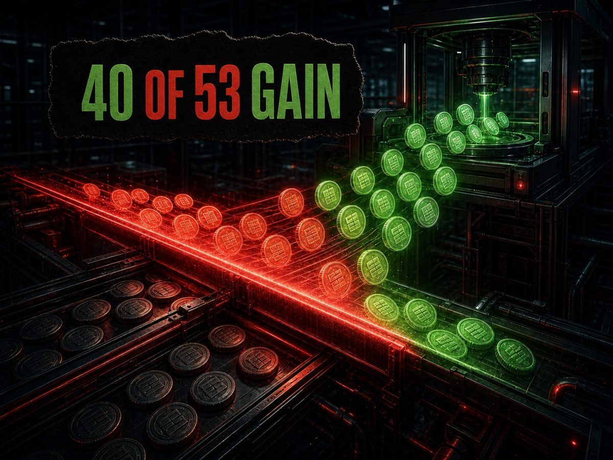 Listing tokens cross an issue-price threshold, with forty of fifty-three illuminating on the gain side.