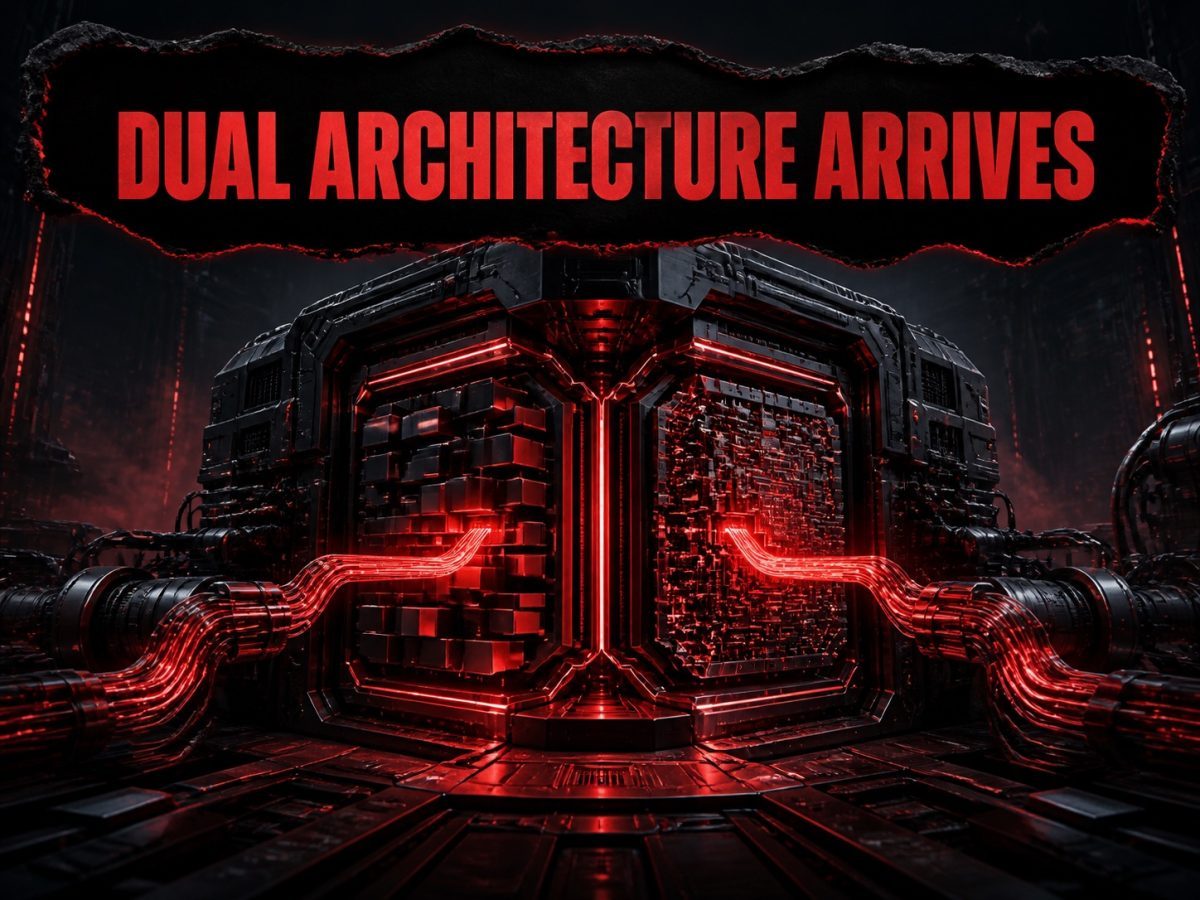 A mainframe processor combines two interlocking compute architectures through dual illuminated data paths