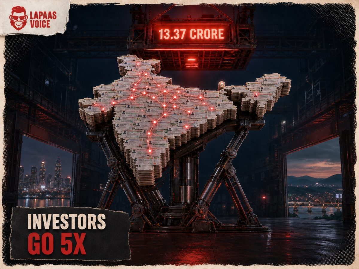 Investor account cards form a map of India as a mechanical arrow lifts the investor base toward 13.37 crore.