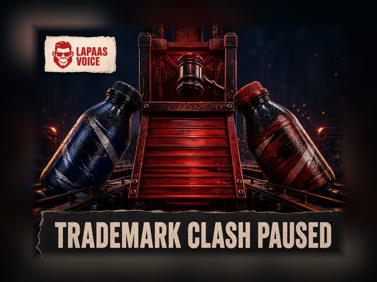 A judicial shutter and gavel separate two competing beverage bottles in a trademark dispute.