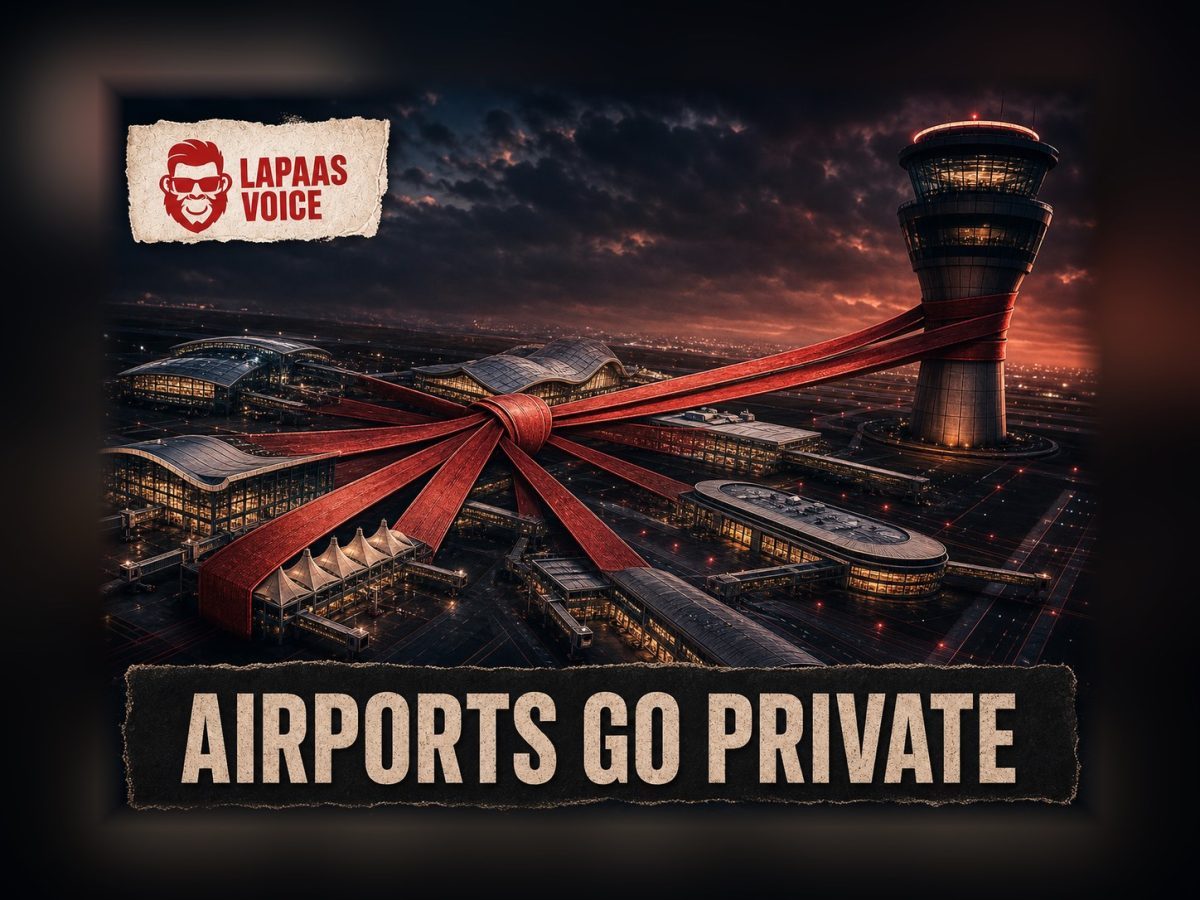 Multiple airport terminals are tied together by a red contract ribbon leading to a private control tower.