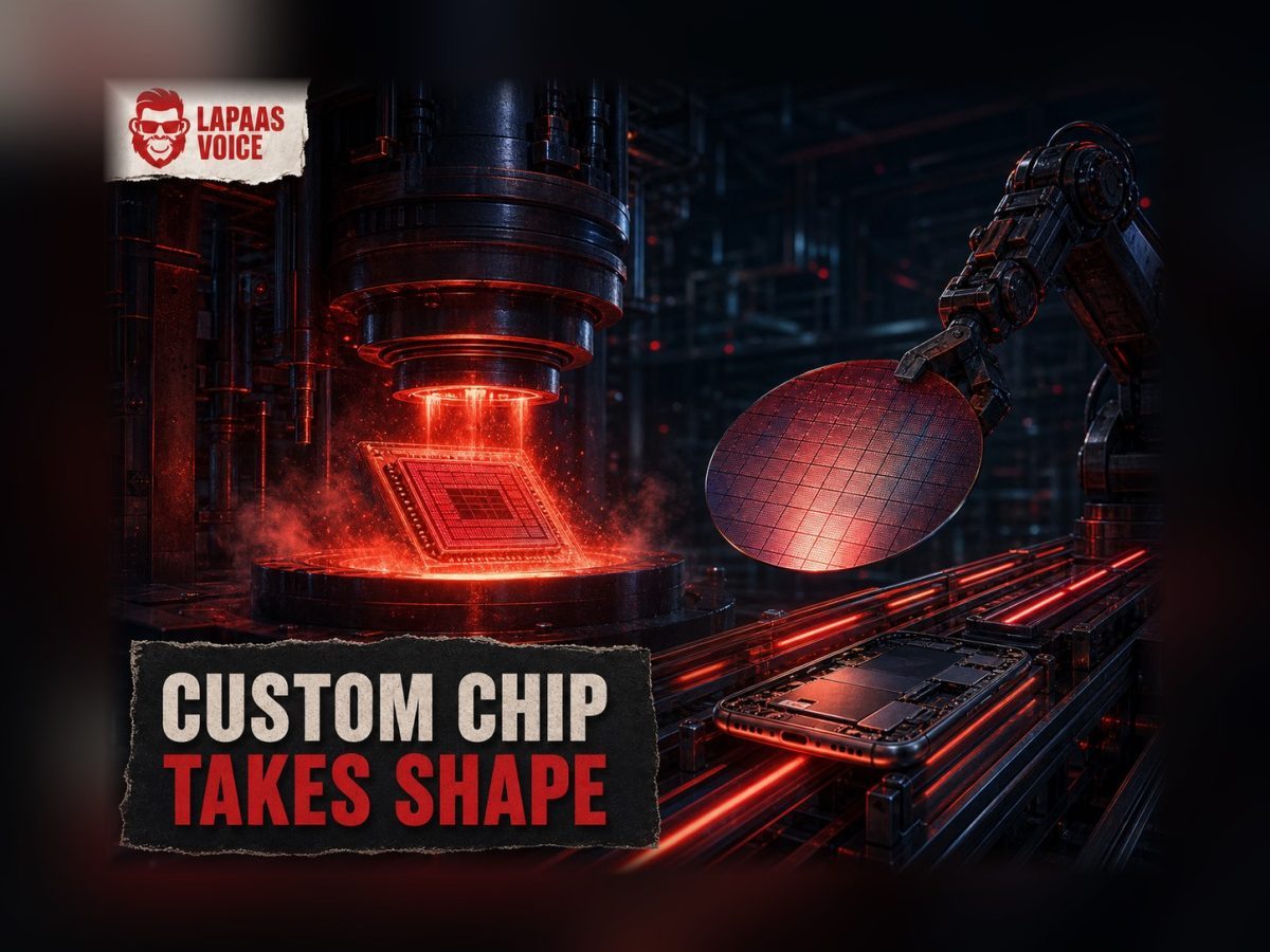 A custom smartphone processor is forged from a silicon wafer inside an advanced chip foundry.