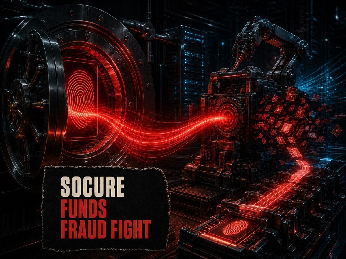 An identity vault channels a red flow into a forensic engine that organizes suspicious signals for fraud investigation.