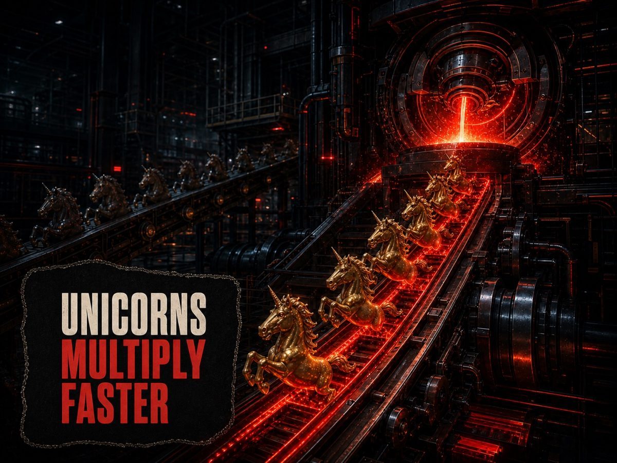 A venture-capital forge rapidly sends golden unicorn figures up an illuminated industrial conveyor.