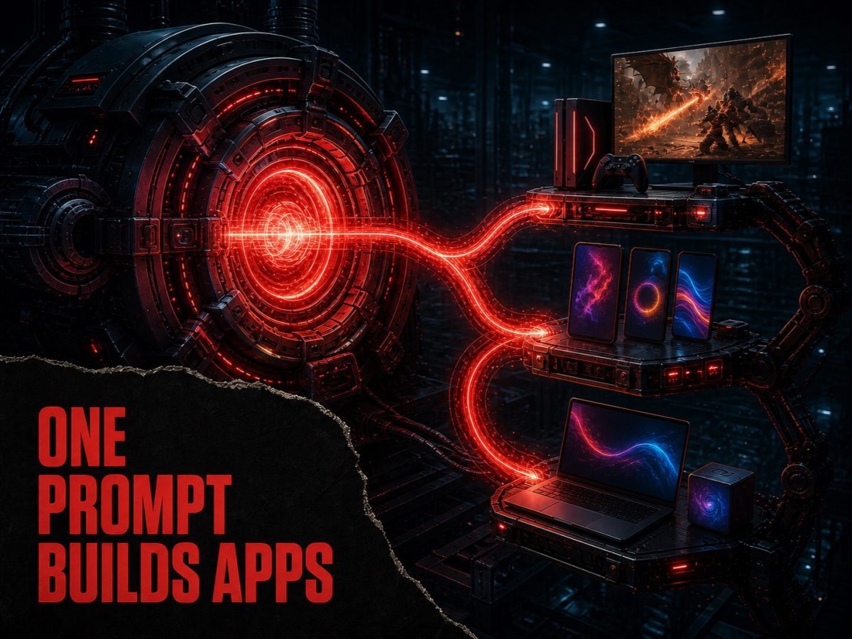 A single prompt enters a generative engine and branches into unbranded game and app outputs