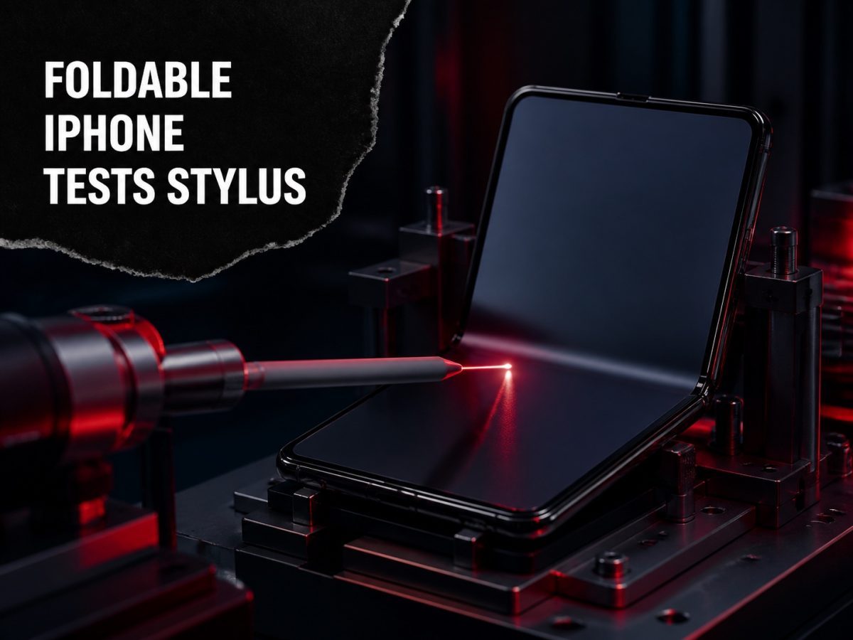 An unbranded foldable smartphone prototype sits on a precision test rig while a plain digital stylus calibrates against its screen.