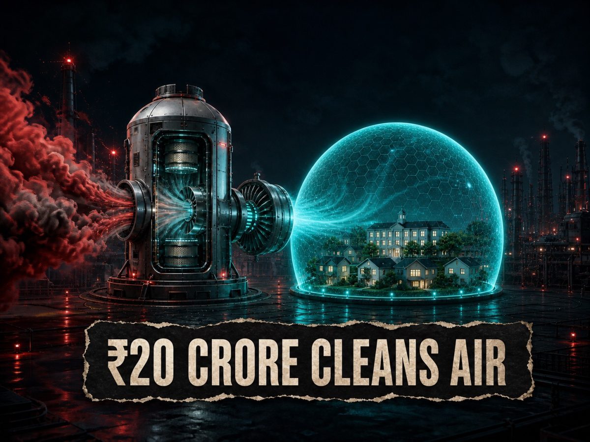 A capital-powered filtration turbine pulls polluted air through its chamber and expands a clean-air pressure bubble around homes and an institution.