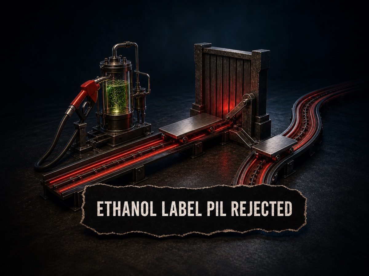 An unbranded petrol nozzle and ethanol chamber send a blank disclosure placard toward a judicial barrier that redirects it onto another legal track.