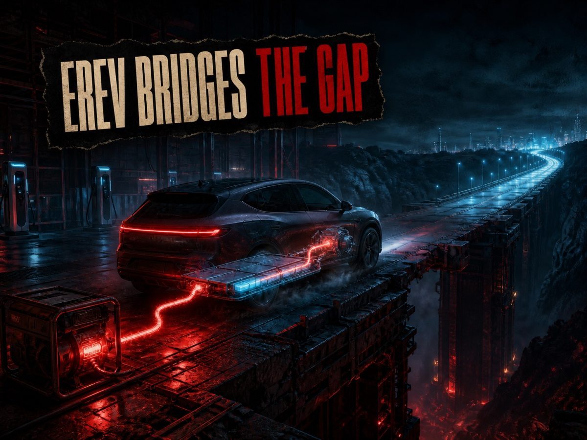 A generator feeds an electric vehicle battery across a red energy bridge, illustrating EREV technology.