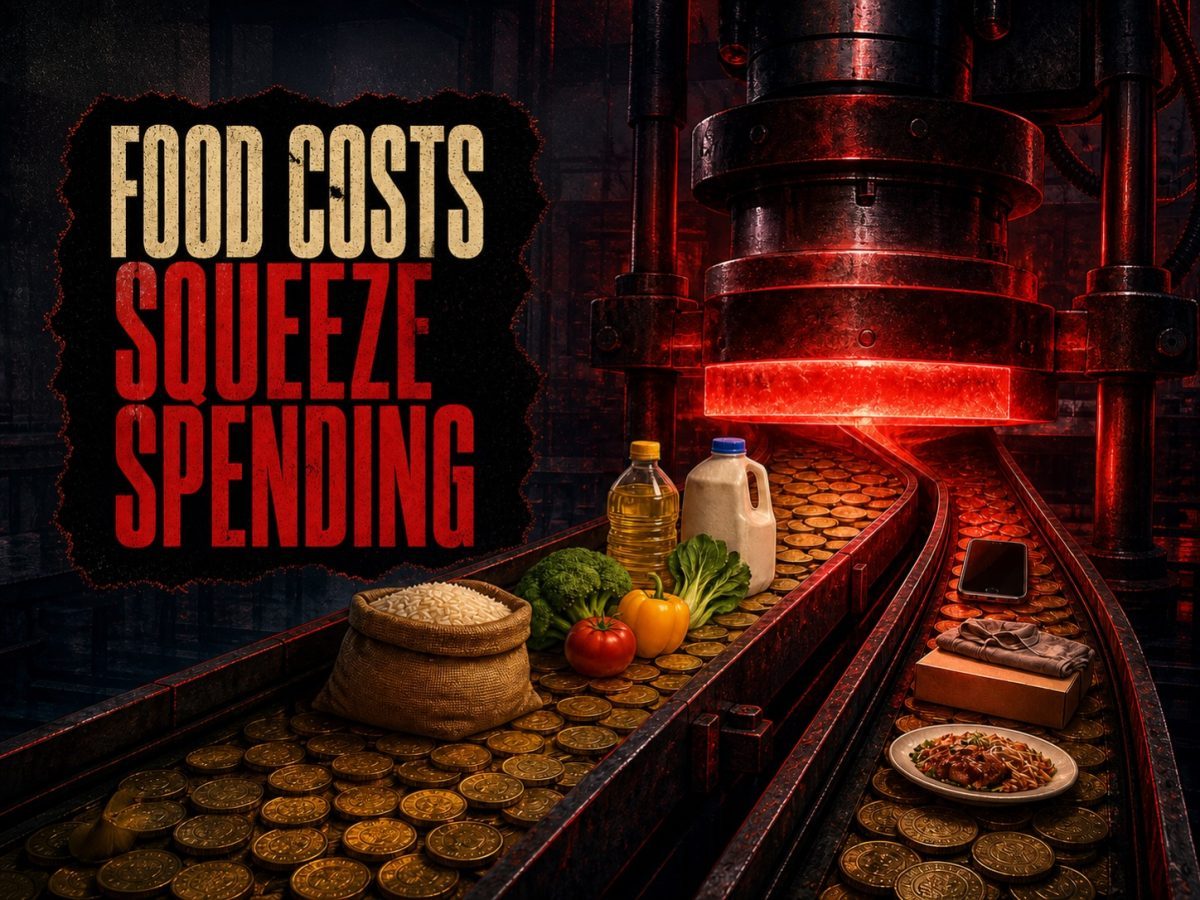 A price press redirects a household budget toward groceries as food inflation squeezes discretionary spending.