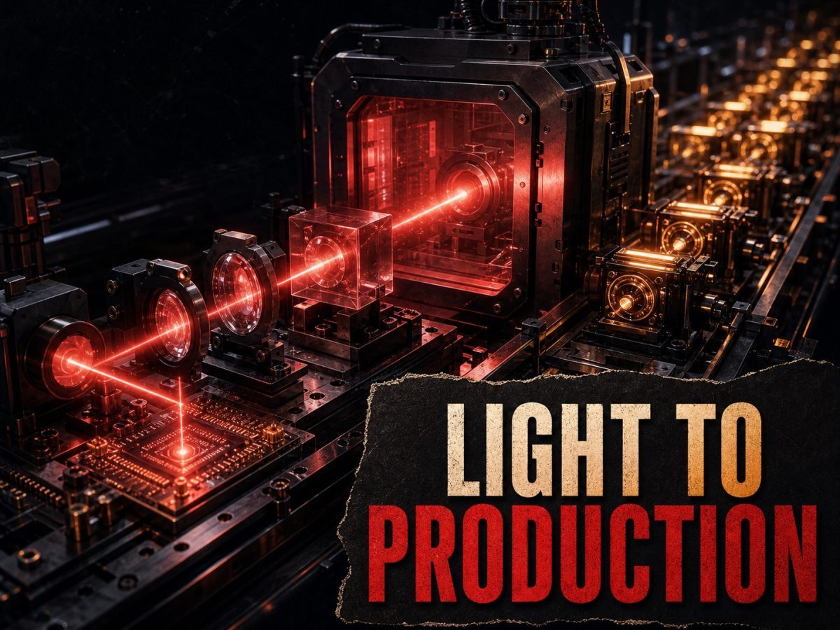A coherent red photonic beam passes through a chip, precision lenses and a testing chamber into repeatable optical modules on a production line.