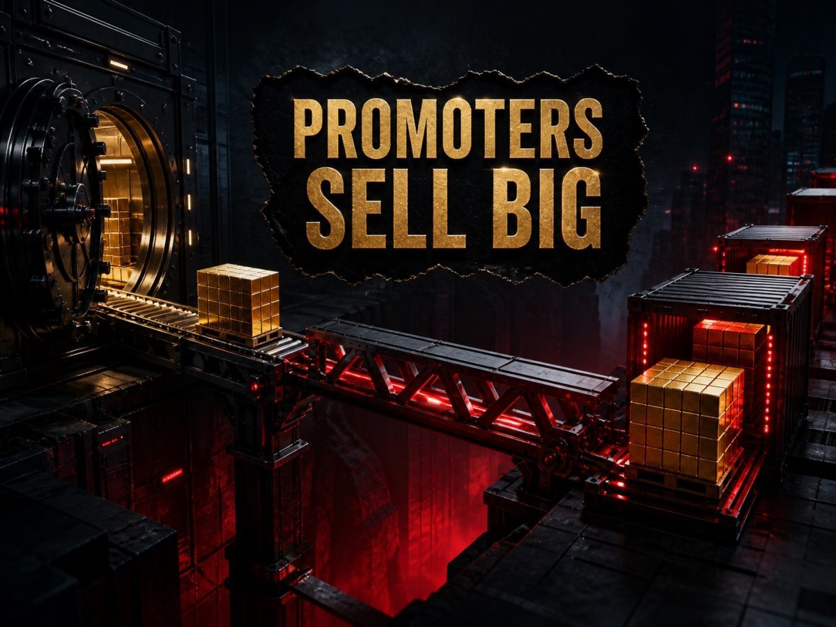 Golden ownership blocks move from a corporate vault across an institutional transfer bridge into buyer containers.
