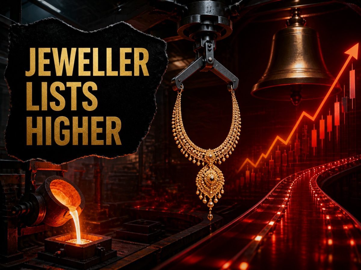 A precision jewellery line lifts a gold necklace toward a stock-listing bell and rising market runway