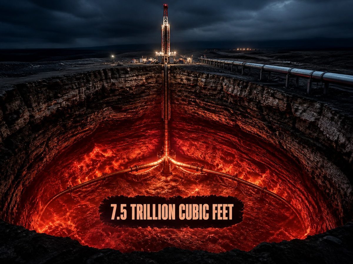 A drilling rig taps a vast glowing underground gas chamber and feeds a pipeline network
