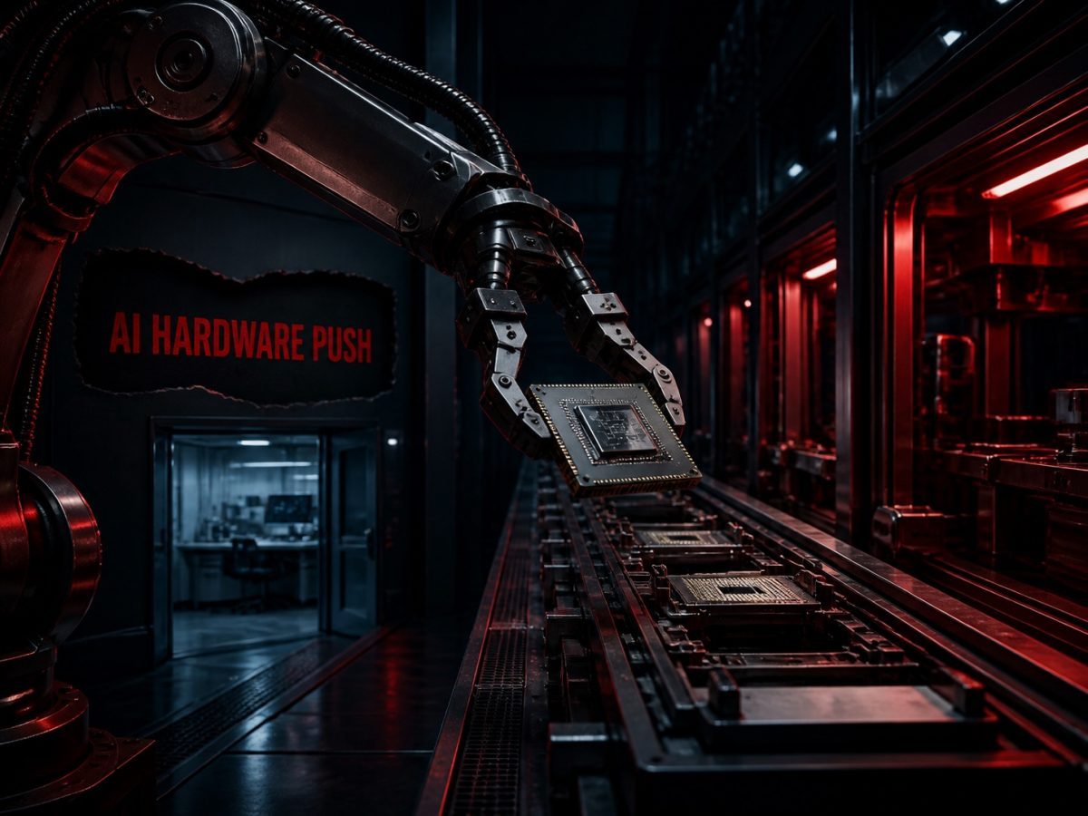 A robotic arm transfers an advanced AI chip into a glowing hardware assembly line