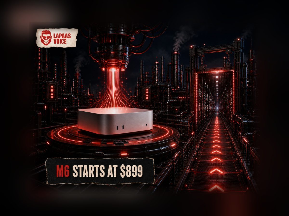 A compact M6 desktop computer powers a red-lit local AI engine beside a launch runway marked with its $899 starting price.