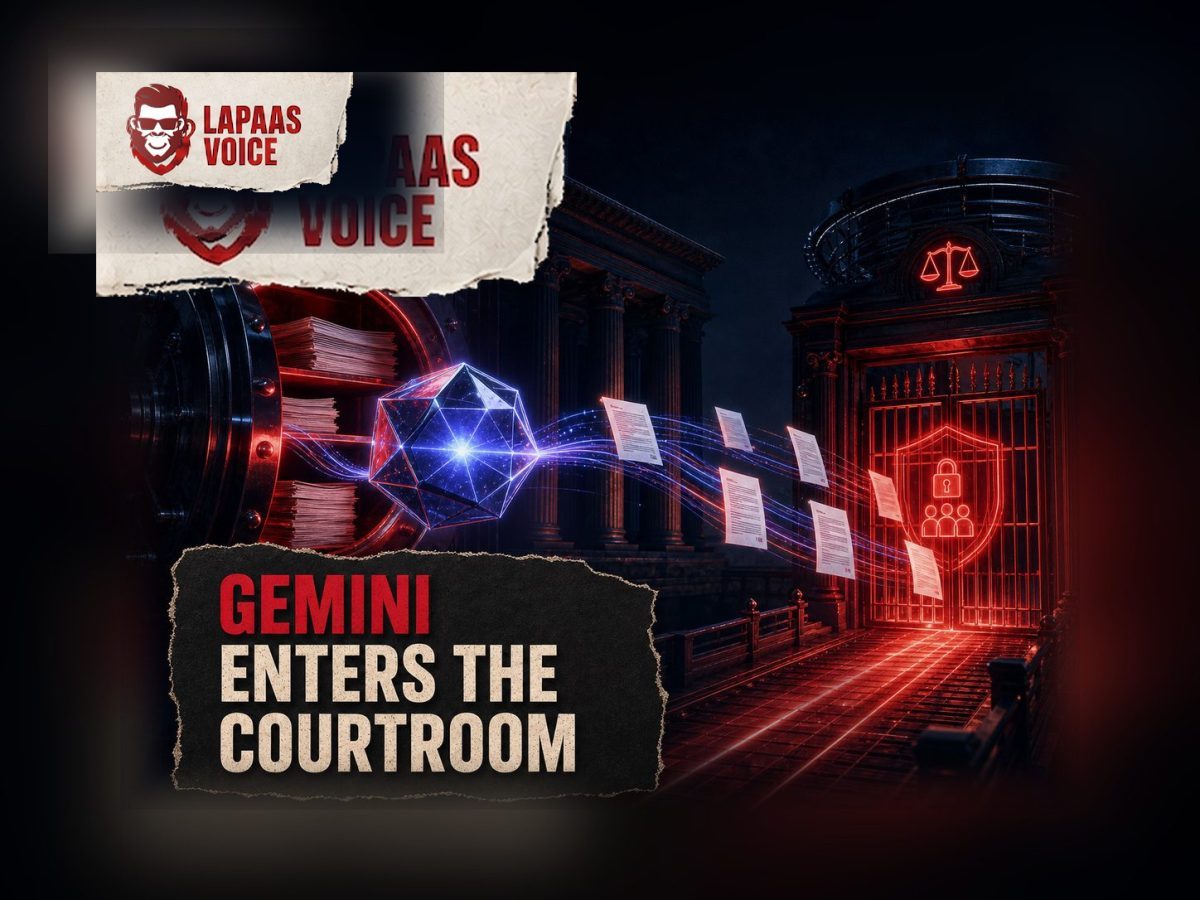 A faceted AI agent core routes legal documents from a secure archive toward a controlled courtroom gate.