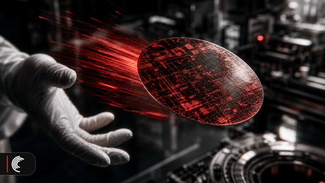 A glowing red silicon wafer released mid-air with streaking speed trails in a chip fab, illustrating Cerebras' new CS-4 wafer-scale AI inference chip