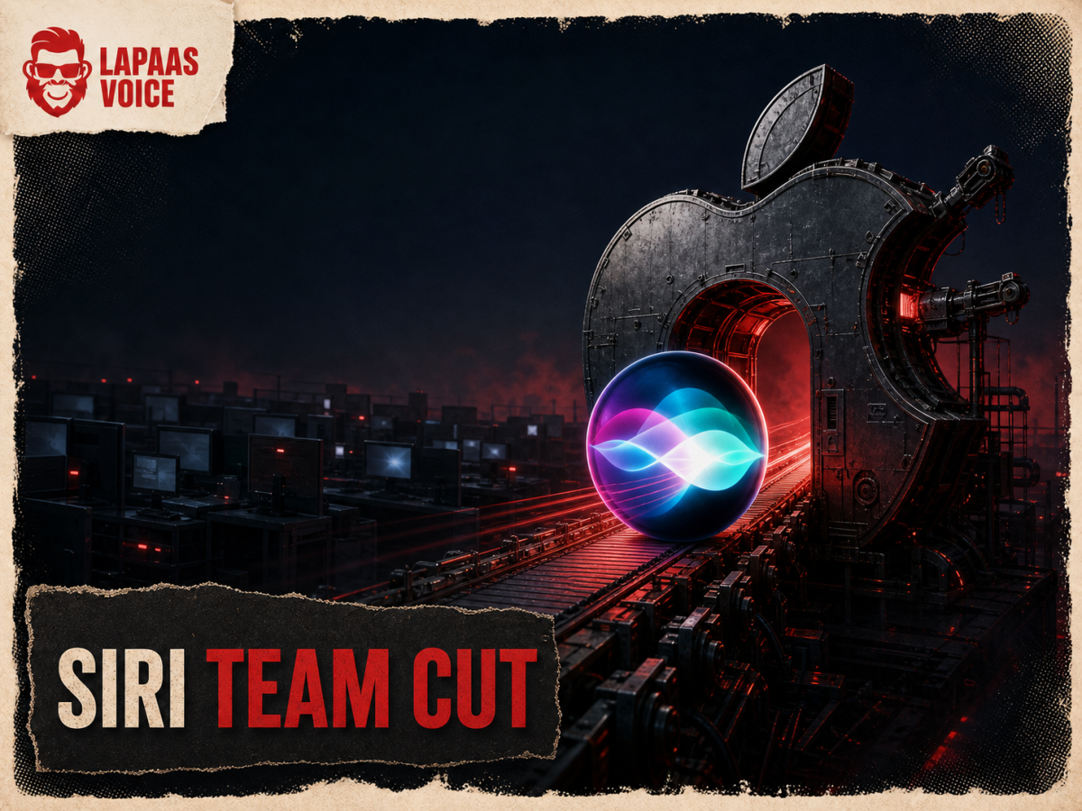 A glowing Siri orb moves through an Apple-shaped mechanical gate while rows of workstations darken behind it, illustrating cuts to the Siri team.