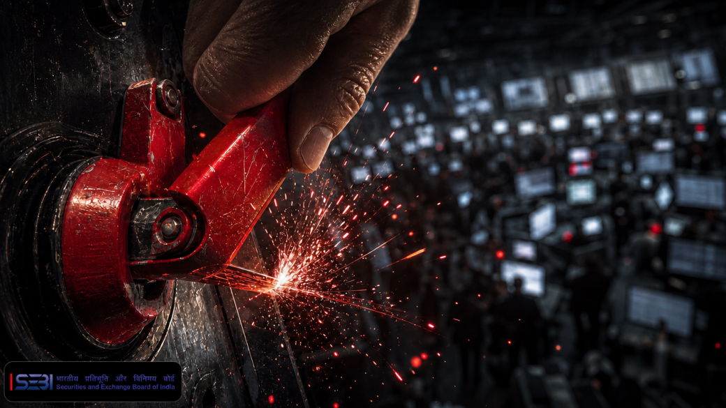 A hand pulls a red kill-switch lever, sparks flying, above a blurred trading floor, illustrating SEBI's incoming AI and machine learning guidelines