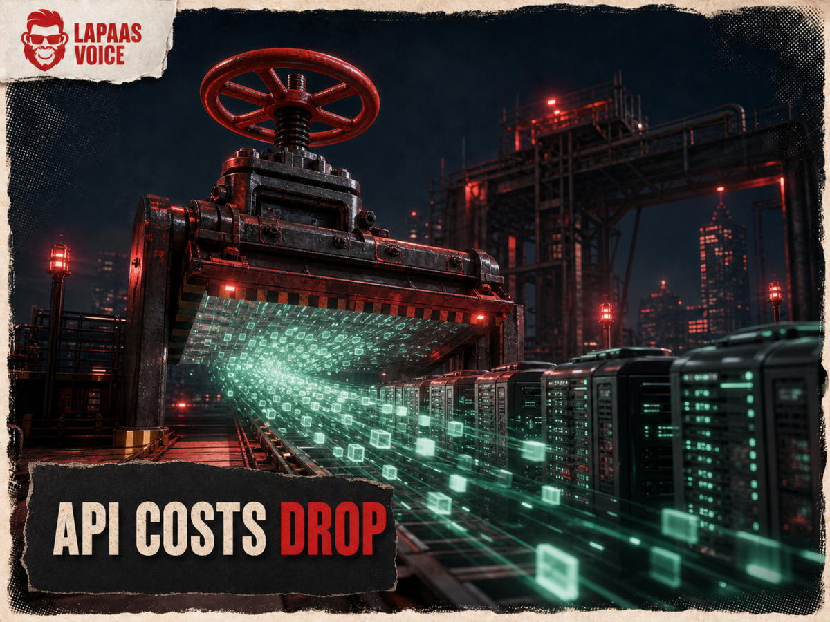 A large industrial cost-control valve releases a faster stream of artificial-intelligence compute toward server racks.