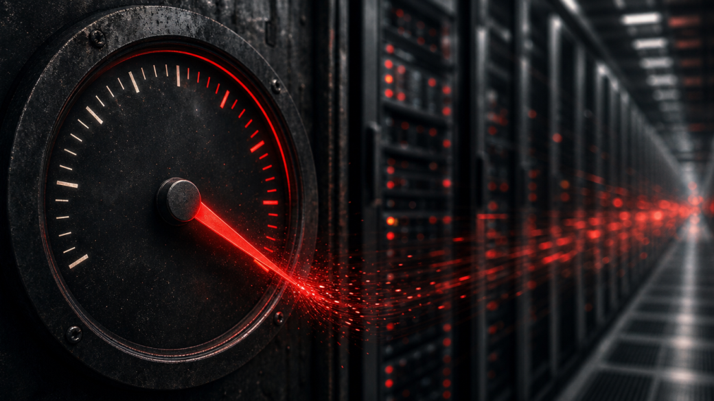 A power-meter needle drops as server rack lights fade into the distance, illustrating Velaura AI's $110 million raise for low-power AI chip technology