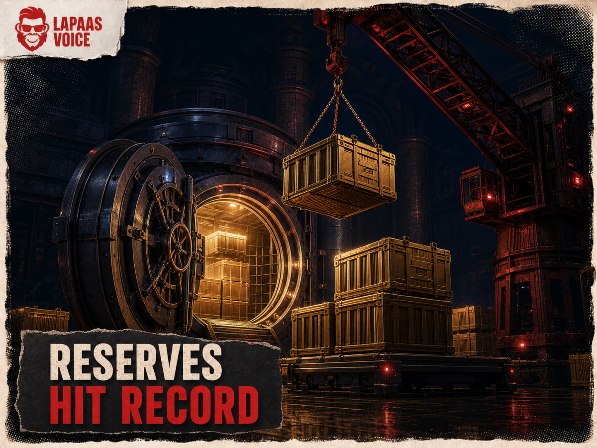 A red industrial crane lifts sealed reserve crates into the upper chamber of a glowing central-bank vault.