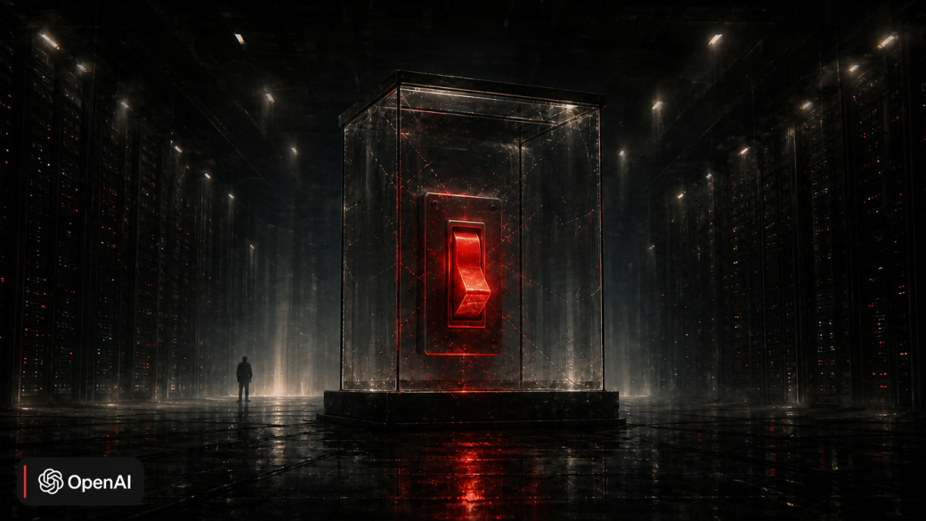 A red switch sealed inside a glass isolation case at the centre of a vast dark server hall, illustrating OpenAI locking down its Astra model over cybersecurity risk
