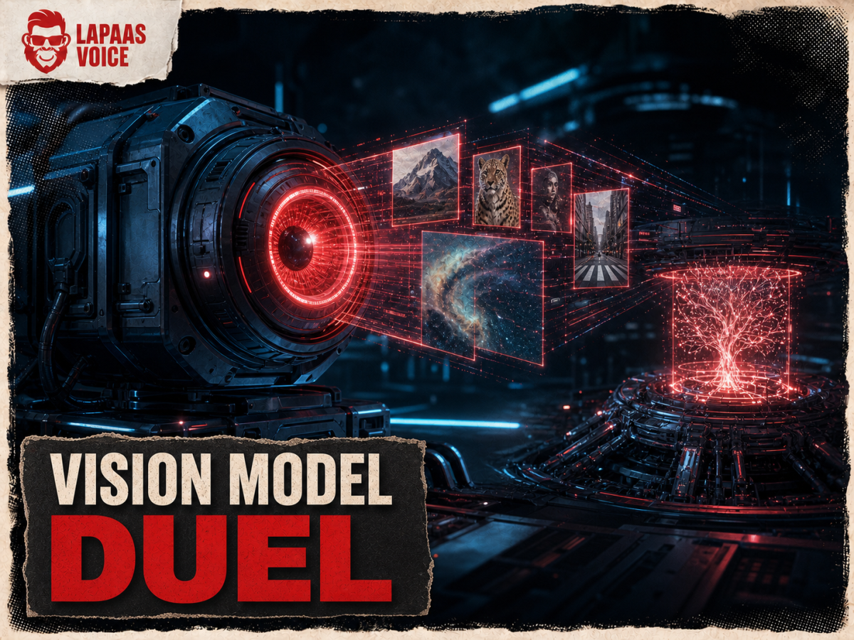 A vision-model lens projecting image panels toward a competing AI core, illustrating DeepSeek's experimental multimodal model.