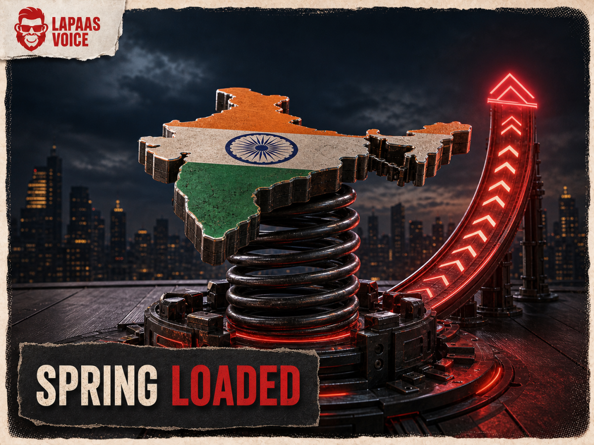 An India market platform compressed like a spring beside an upward arrow, illustrating low foreign-investor positioning and rebound potential.