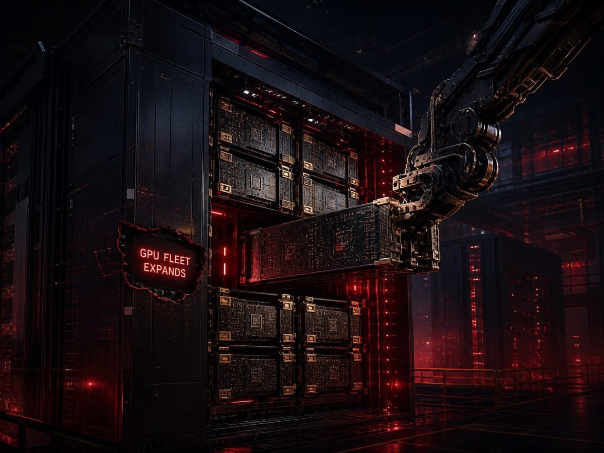 Robotic arms installing GPU modules into an expanding AI data centre