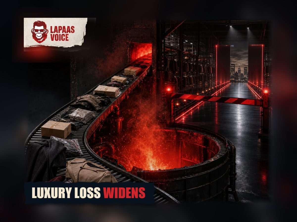 Cinematic luxury fashion conveyor feeding a cost furnace while an IPO runway remains blocked.