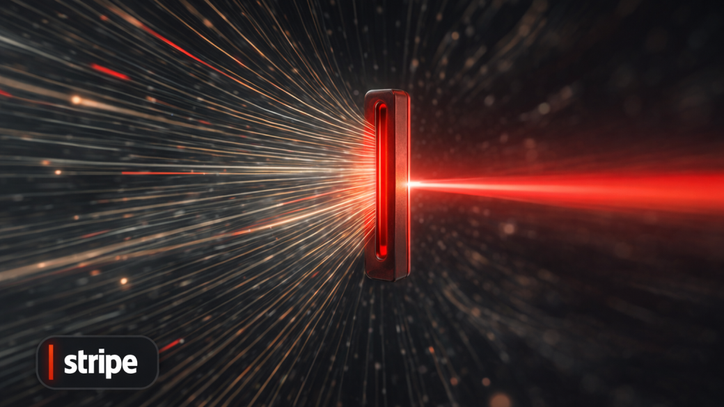 Countless light-trails converge through a single red turnstile gate, illustrating Stripe's acquisition of AI gateway OpenRouter