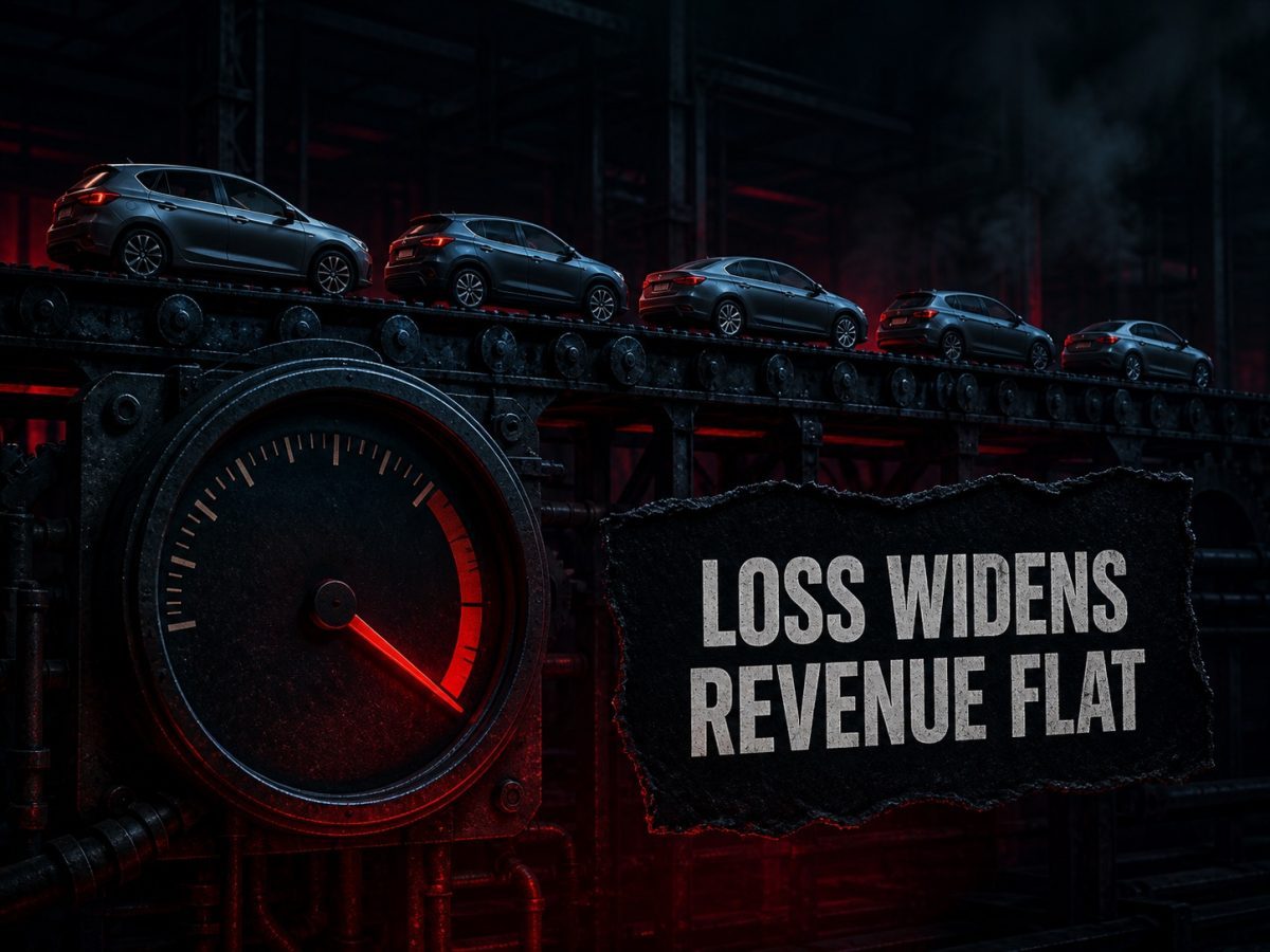 Cinematic car-sharing fleet and loss gauge illustrating widening Zoomcar losses with flat revenue