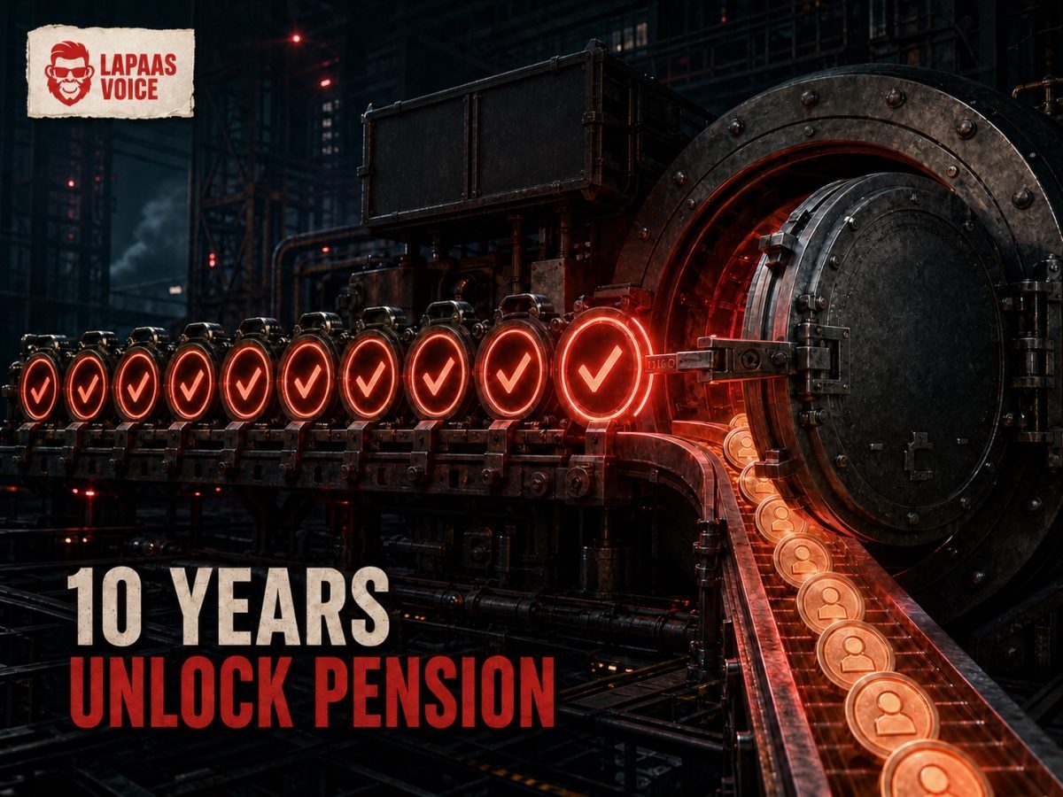 Ten EPFO service milestones feed member records into a pension vault, illustrating how 10 years of eligible service unlocks monthly pension benefits.