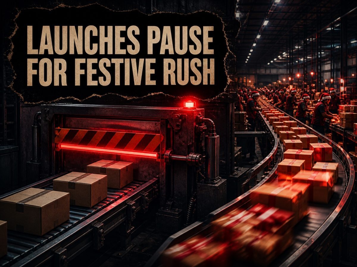 A warehouse intake conveyor stops new product boxes while a separate festive fulfilment line accelerates