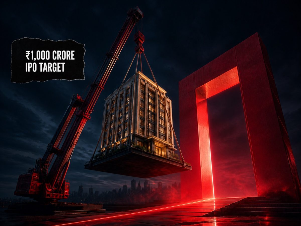 An unbranded hotel tower is lifted by a crane toward a blank red capital gateway
