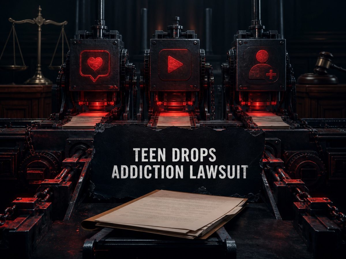 Social media machines in a courtroom illustrating a withdrawn addiction lawsuit