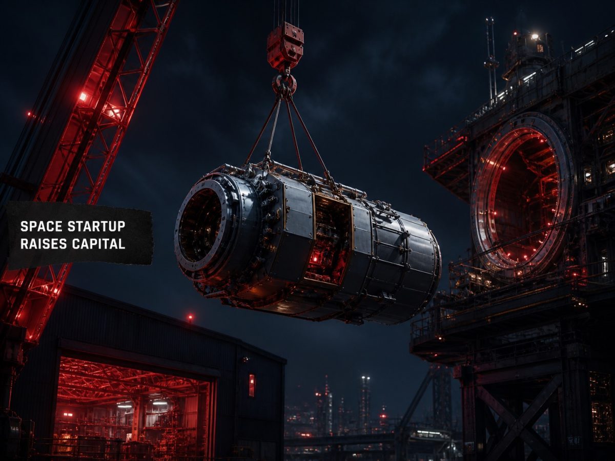 Capital crane lifting a spacecraft servicing module toward orbit
