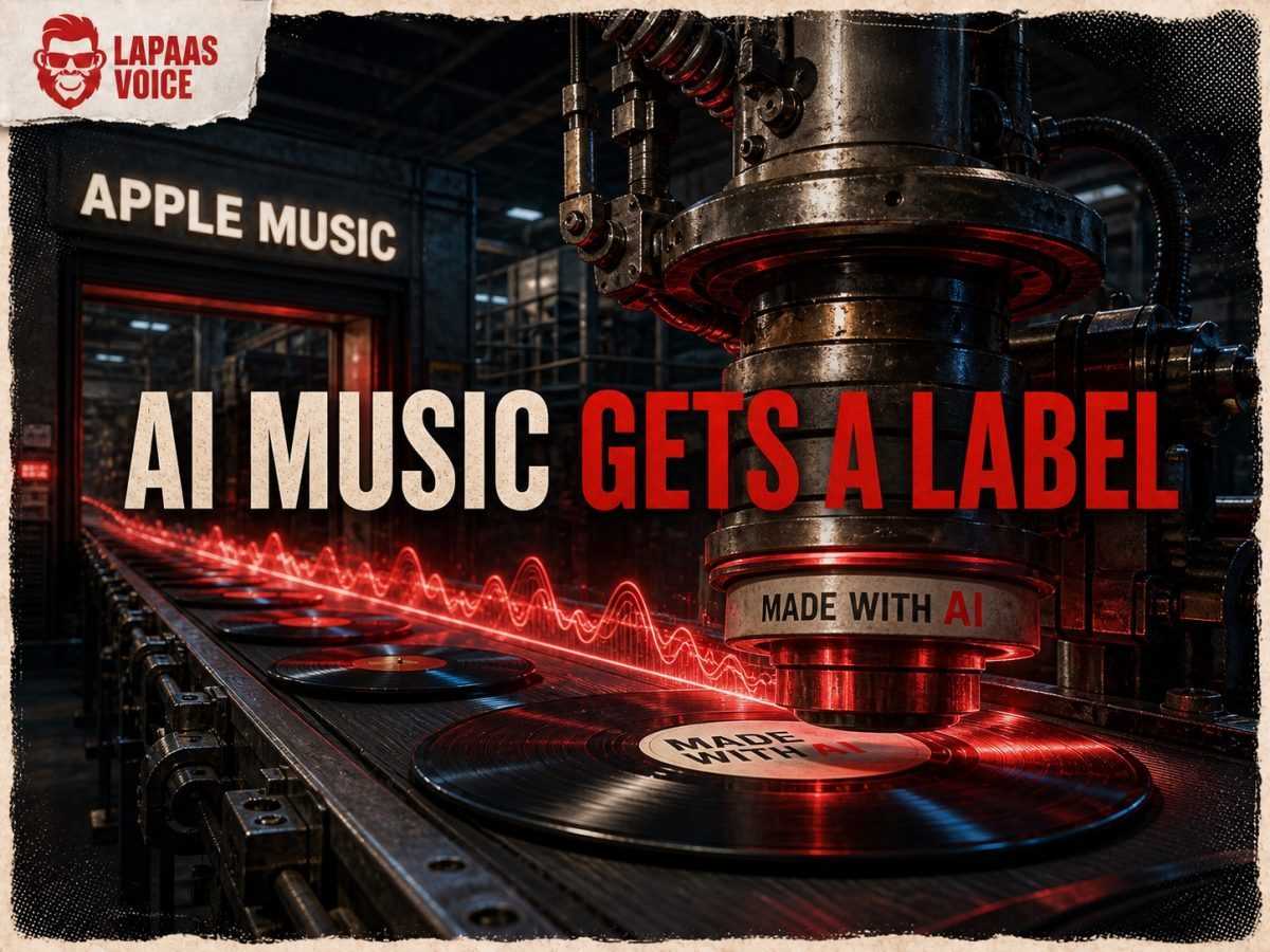 Apple Music pressing plant stamping Made With AI labels onto records created from glowing AI sound waves.