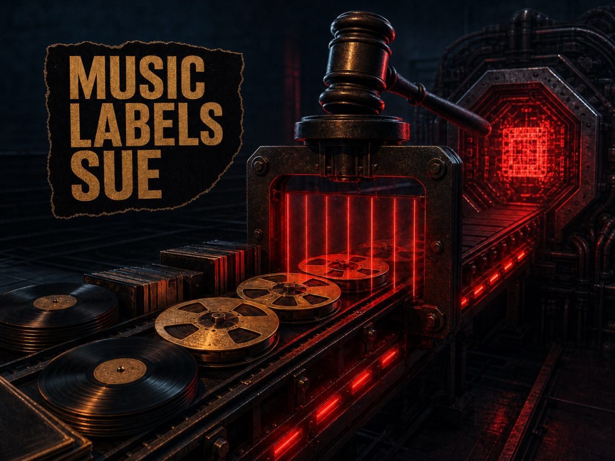 Music master reels and records halted by a judicial clamp before an AI processing core