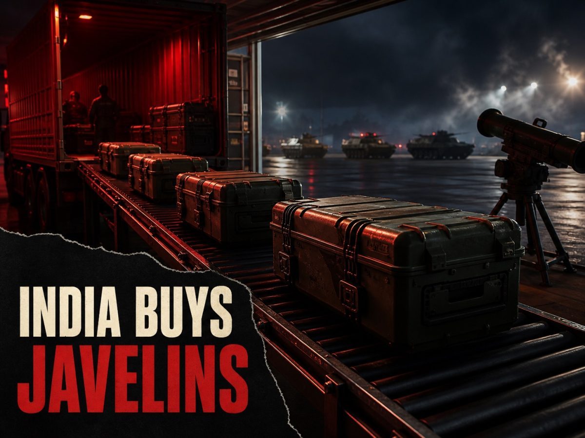 Sealed anti-tank missile transport cases moving through a defence logistics facility for India’s Javelin purchase