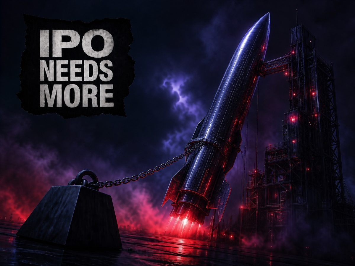 An unbranded AI rocket strains against a heavy counterweight at an IPO launch gate.