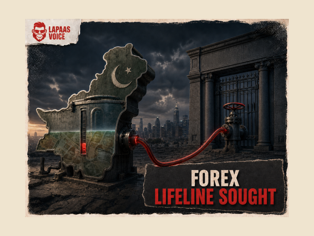 Pakistan-shaped forex reserve tank reaches a cable toward a closed US treasury valve, with the hook Forex Lifeline Sought.