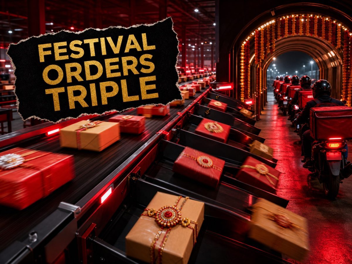 Festive gift parcels surge through a quick-commerce fulfilment line toward last-mile delivery