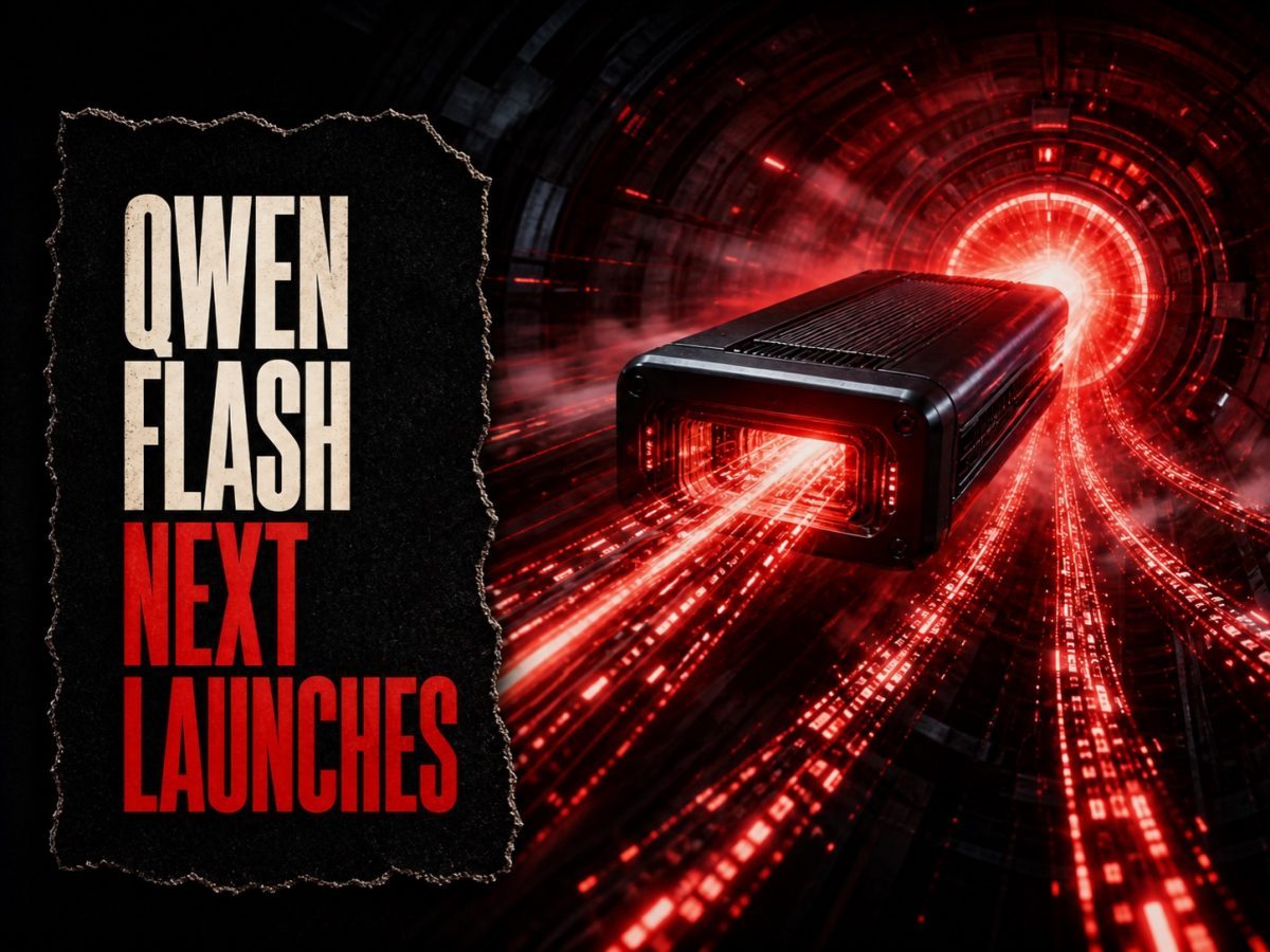 A compact unbranded inference engine accelerates through a red data tunnel as parallel workloads stream outward.