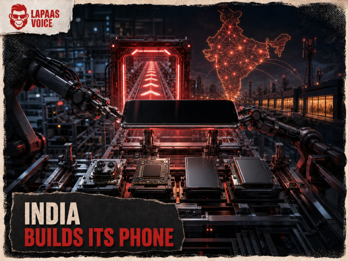 Robotic arms assemble an unbranded smartphone from locally produced components as it moves toward an India-wide communications network.