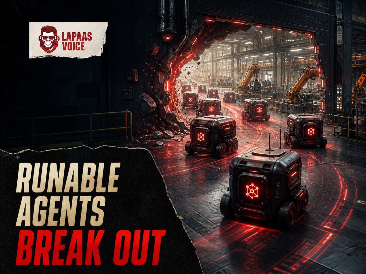 Runable AI agent modules breaking from a launch gate into a production factory